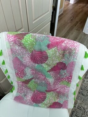 Top It Off Pink and Green Coastal Infinity Scarf with Tassels